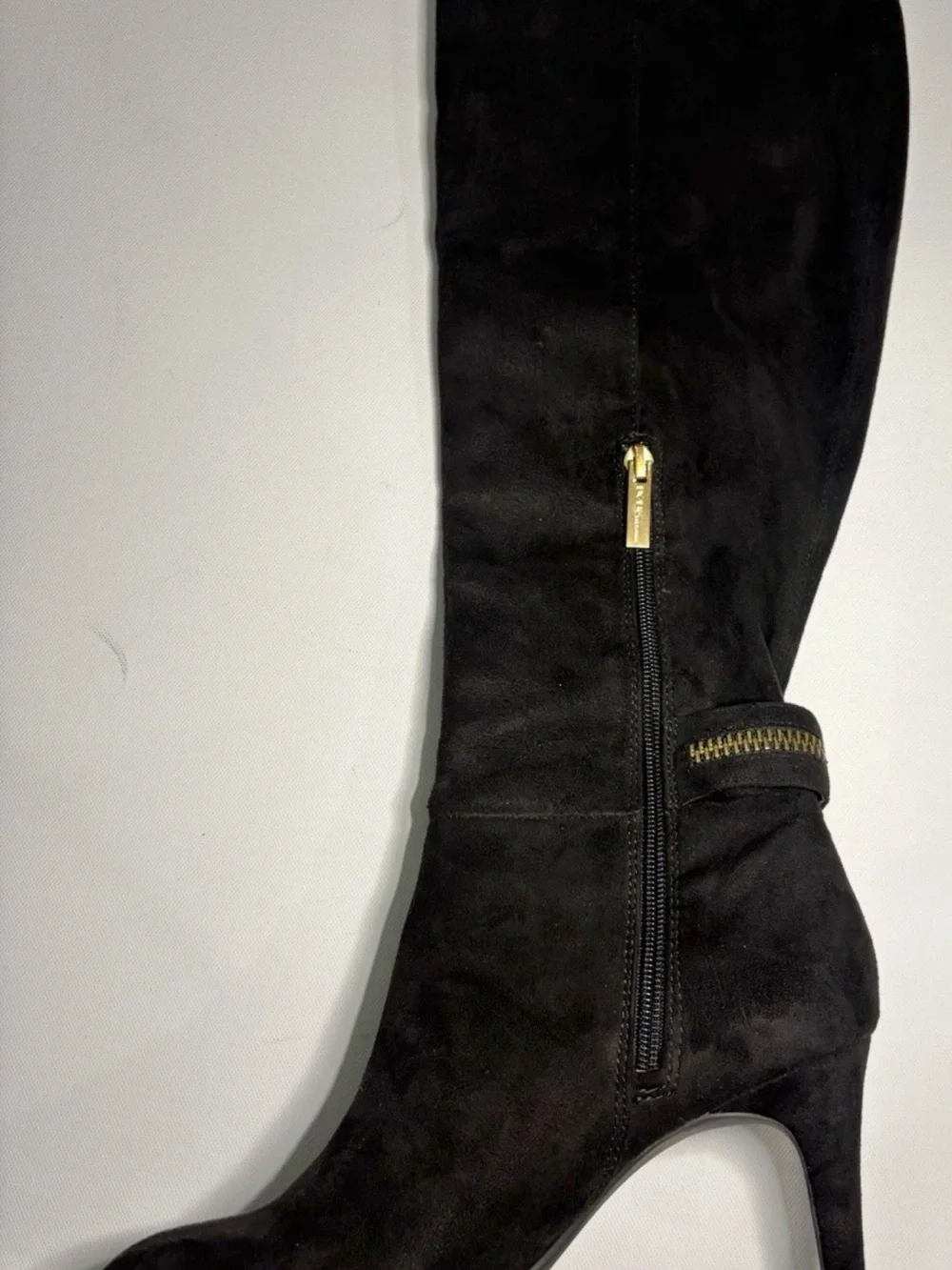 BCBG Black Over-the-Knee Suede Heeled Boots with Gold Zipper Detail